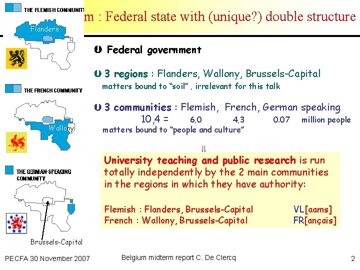 Belgium : Federal state with (unique? ) double structure Flanders Federal government 3 regions