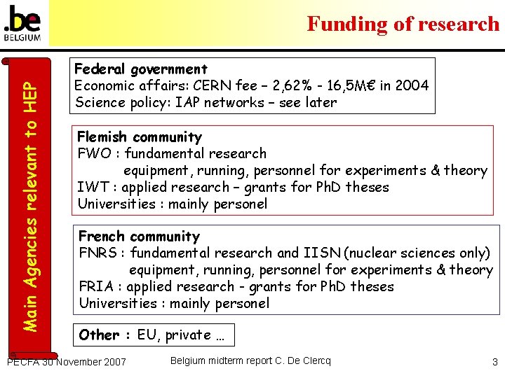Main Agencies relevant to HEP Funding of research Federal government Economic affairs: CERN fee