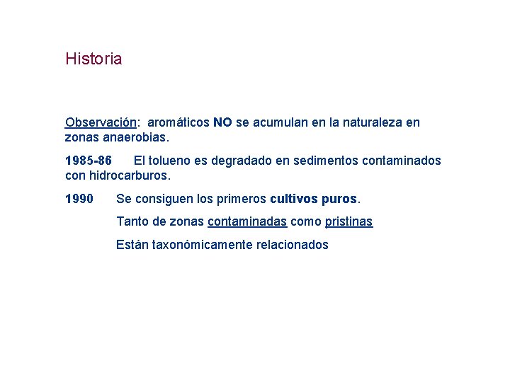 Historia Observación: aromáticos NO se acumulan en la naturaleza en zonas anaerobias. 1985 -86