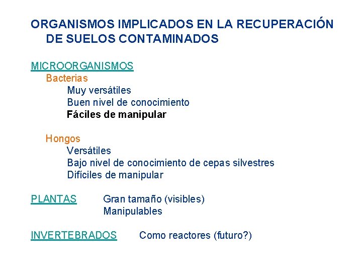 ORGANISMOS IMPLICADOS EN LA RECUPERACIÓN DE SUELOS CONTAMINADOS MICROORGANISMOS Bacterias Muy versátiles Buen nivel