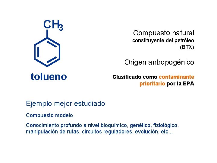 CH 3 Compuesto natural constituyente del petróleo (BTX) Origen antropogénico tolueno Clasificado como contaminante
