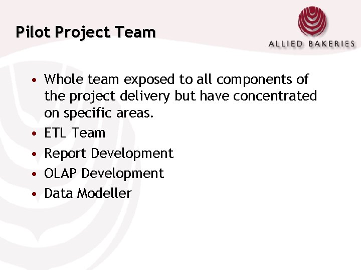 Pilot Project Team • Whole team exposed to all components of the project delivery