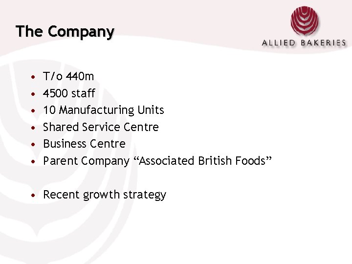 The Company • • • T/o 440 m 4500 staff 10 Manufacturing Units Shared
