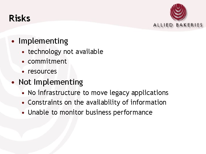 Risks • Implementing • technology not available • commitment • resources • Not Implementing