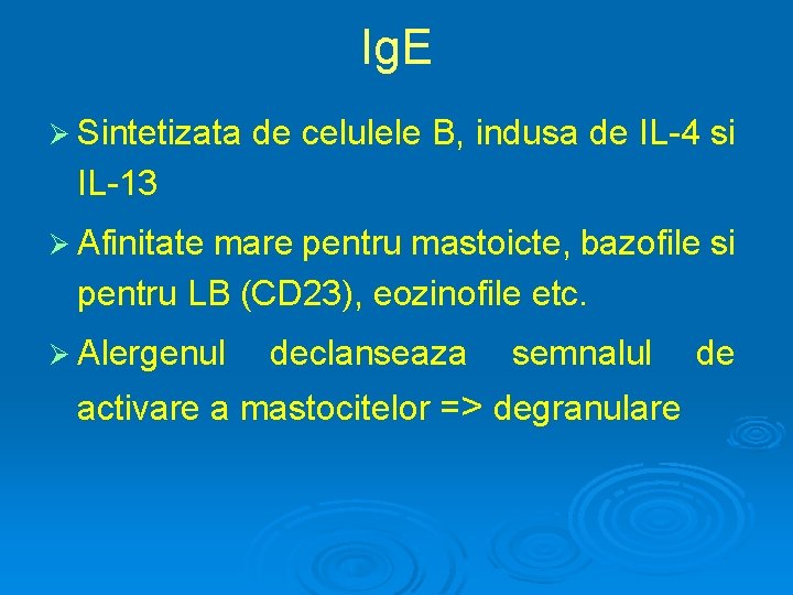 Ig. E Ø Sintetizata de celulele B, indusa de IL-4 si IL-13 Ø Afinitate