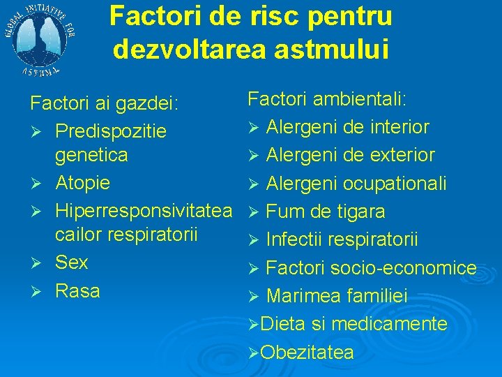 Factori de risc pentru dezvoltarea astmului Factori ai gazdei: Ø Predispozitie genetica Ø Atopie
