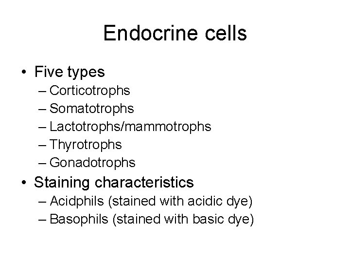 Endocrine cells • Five types – Corticotrophs – Somatotrophs – Lactotrophs/mammotrophs – Thyrotrophs –