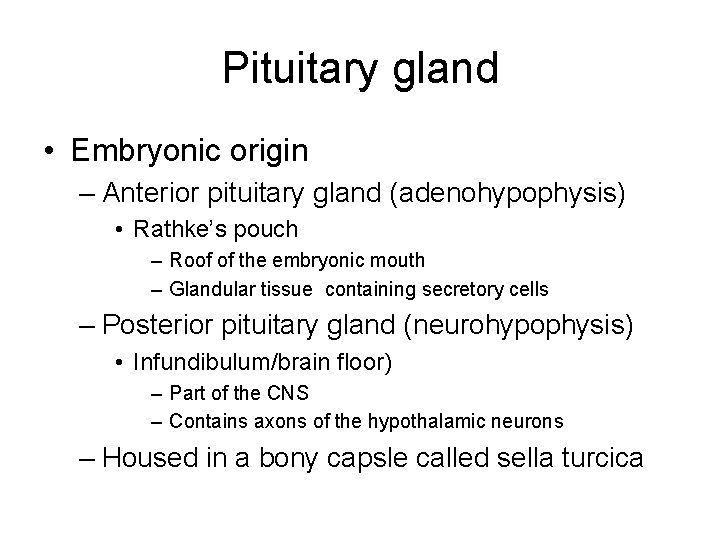 Pituitary gland • Embryonic origin – Anterior pituitary gland (adenohypophysis) • Rathke’s pouch –