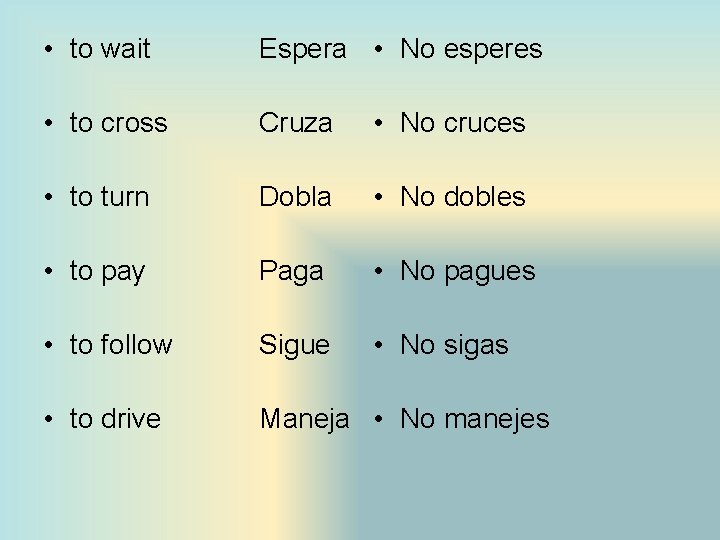  • to wait Espera • No esperes • to cross Cruza • No