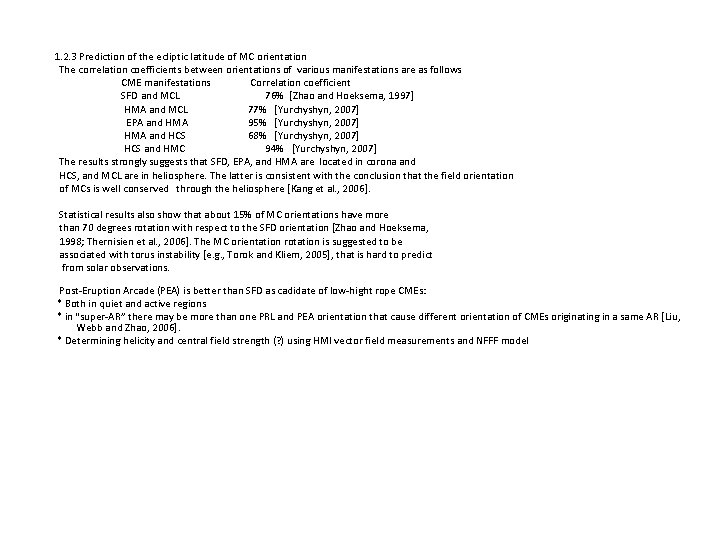 1. 2. 3 Prediction of the ecliptic latitude of MC orientation The correlation coefficients