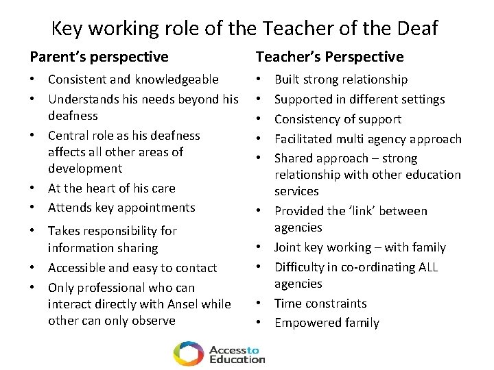 Key working role of the Teacher of the Deaf Parent’s perspective Teacher’s Perspective •