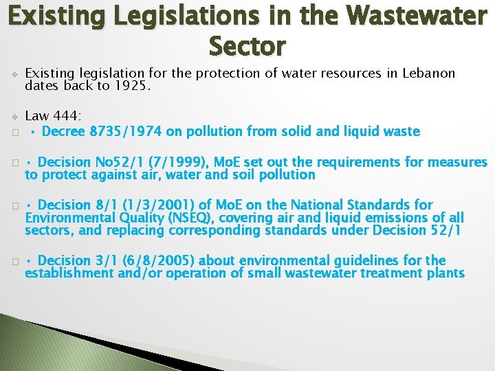 Existing Legislations in the Wastewater Sector v v � � Existing legislation for the