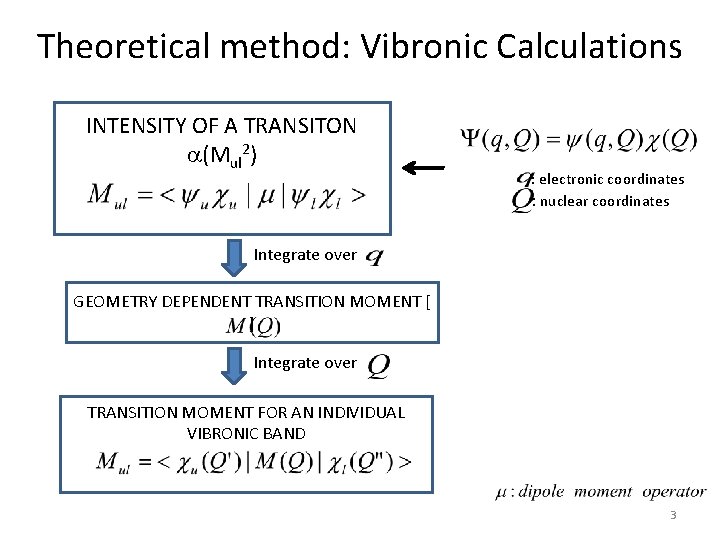 Theoretical method: Vibronic Calculations INTENSITY OF A TRANSITON a(Mul 2) : electronic coordinates :