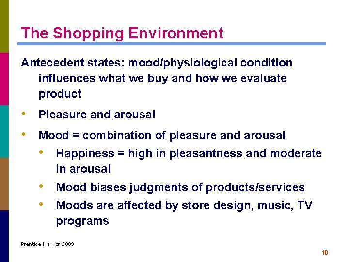 The Shopping Environment Antecedent states: mood/physiological condition influences what we buy and how we