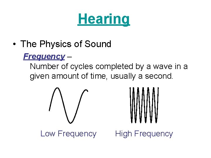Hearing • The Physics of Sound Frequency – Number of cycles completed by a