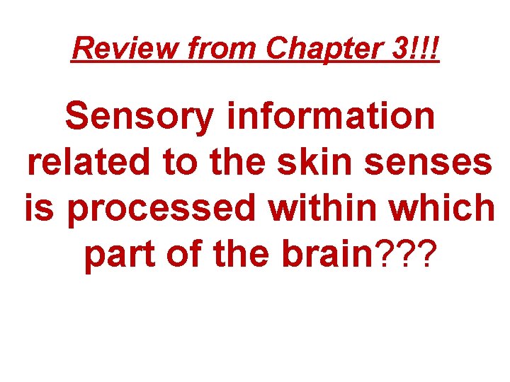 Review from Chapter 3!!! Sensory information related to the skin senses is processed within