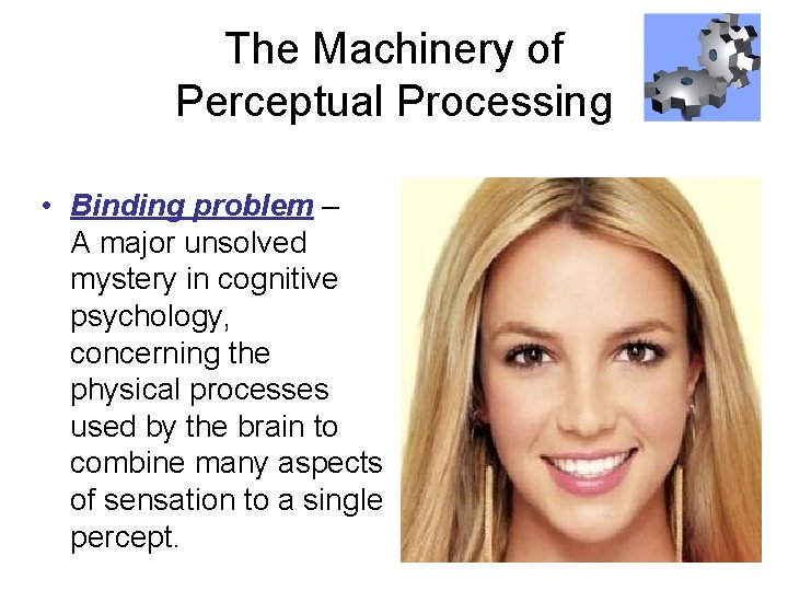 The Machinery of Perceptual Processing • Binding problem – A major unsolved mystery in