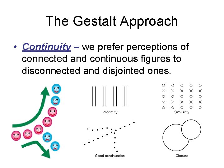 The Gestalt Approach • Continuity – we prefer perceptions of connected and continuous figures