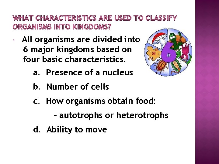 WHAT CHARACTERISTICS ARE USED TO CLASSIFY ORGANISMS INTO KINGDOMS? All organisms are divided into