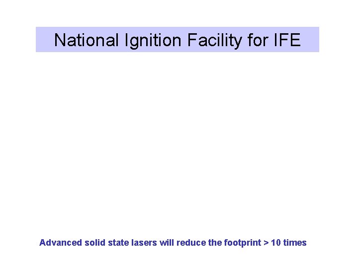 National Ignition Facility for IFE Lawrence Livermore National Laboratory (LLNL) Advanced solid state lasers