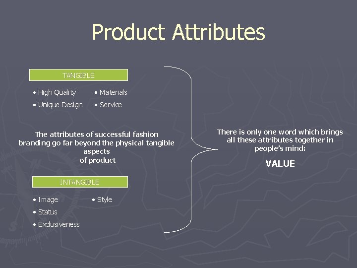 Product Attributes TANGIBLE • High Quality • Materials • Unique Design • Service The