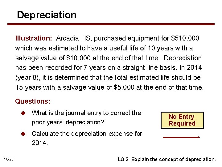 Depreciation Illustration: Arcadia HS, purchased equipment for $510, 000 which was estimated to have