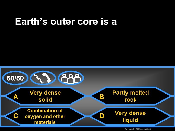 Earth’s outer core is a 50/50 A Very dense solid B Partly melted rock