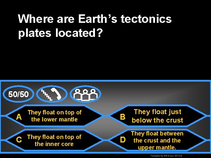 Where are Earth’s tectonics plates located? 50/50 A They float on top of the