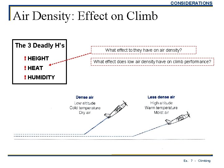 CONSIDERATIONS Air Density: Effect on Climb The 3 Deadly H’s ! HEIGHT ! HEAT