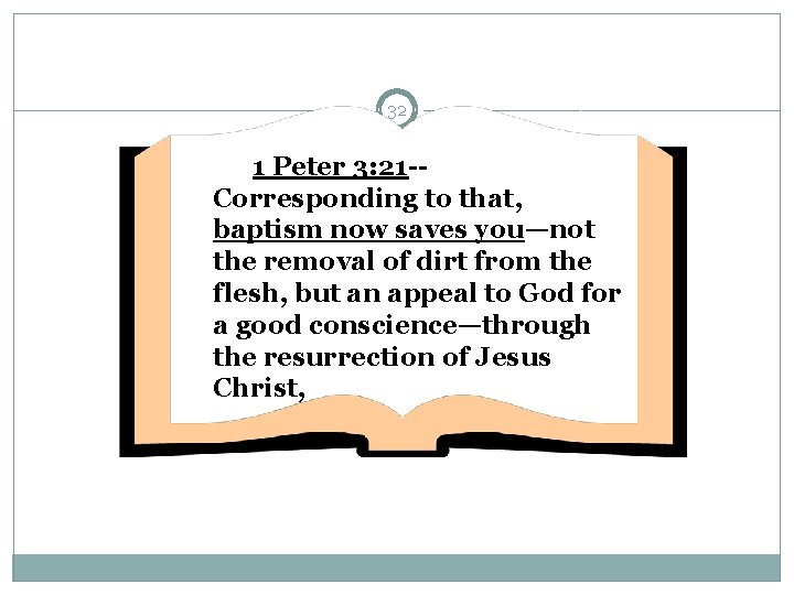 32 1 Peter 3: 21 -Corresponding to that, baptism now saves you—not the removal