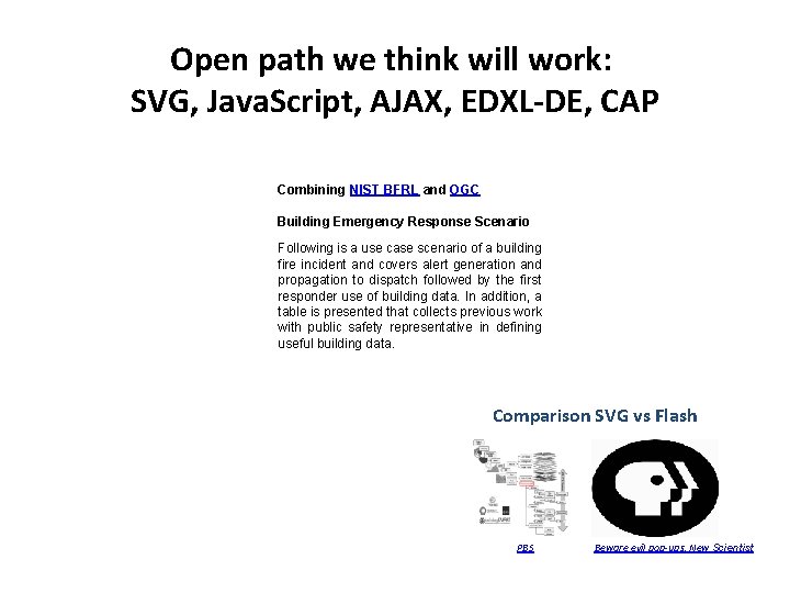 Open path we think will work: SVG, Java. Script, AJAX, EDXL-DE, CAP Combining NIST