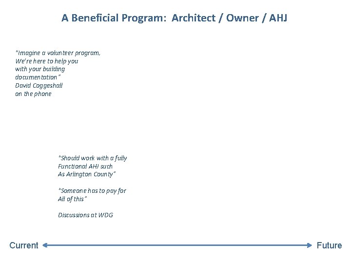 A Beneficial Program: Architect / Owner / AHJ “Imagine a volunteer program, We’re here