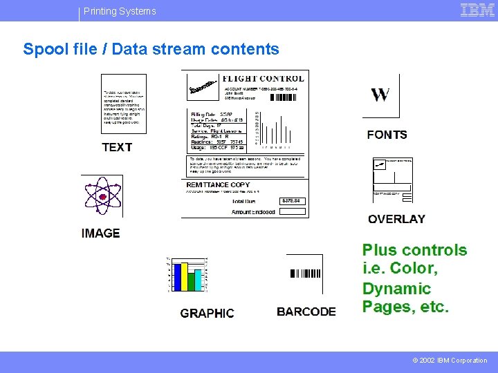 Printing Systems Spool file / Data stream contents © 2002 IBM Corporation 
