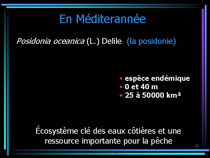 En Méditerannée Posidonia oceanica (L. ) Delile (la posidonie) • espèce endémique • 0