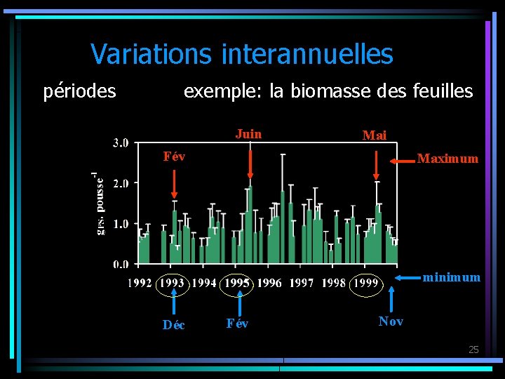 Variations interannuelles périodes exemple: la biomasse des feuilles Juin Mai Fév Maximum minimum Déc