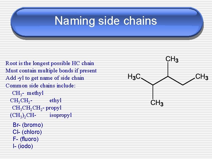 Naming side chains Root is the longest possible HC chain Must contain multiple bonds