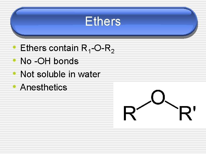 Ethers • • Ethers contain R 1 -O-R 2 No -OH bonds Not soluble