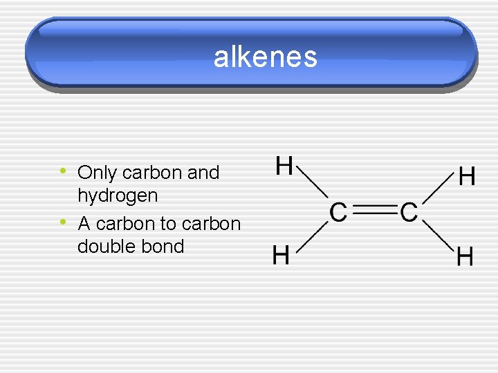 alkenes • Only carbon and • hydrogen A carbon to carbon double bond 