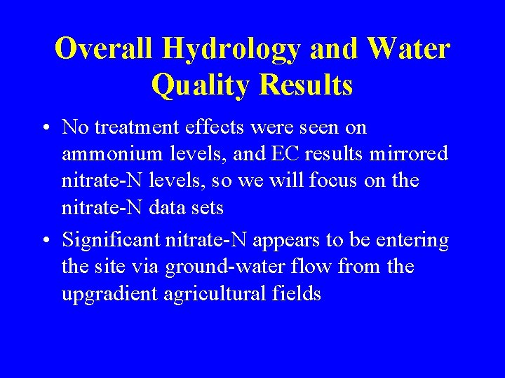 Overall Hydrology and Water Quality Results • No treatment effects were seen on ammonium