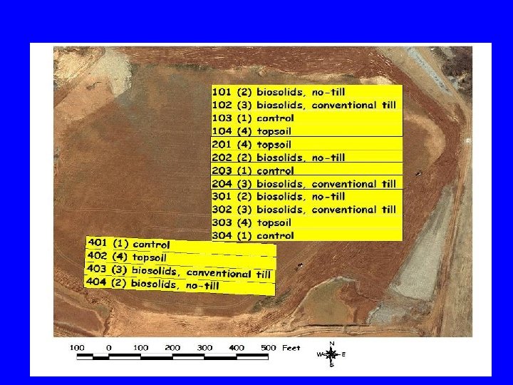 Row crop plots with numbers and treatments 