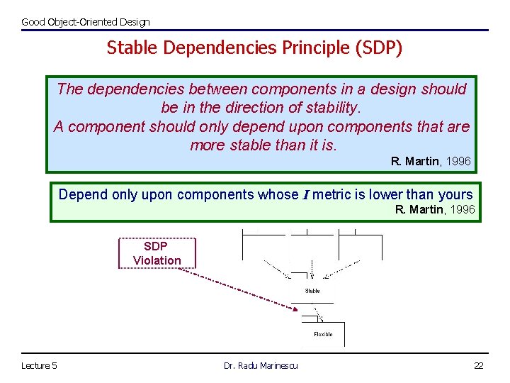 Good Object-Oriented Design Stable Dependencies Principle (SDP) The dependencies between components in a design