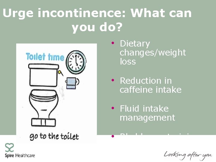 Urge incontinence: What can you do? • Dietary changes/weight loss • Reduction in caffeine