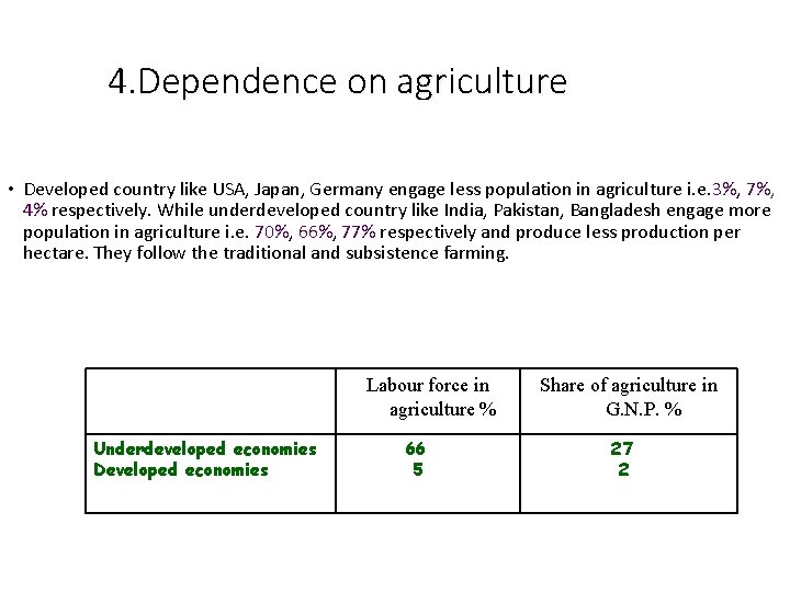 4. Dependence on agriculture • Developed country like USA, Japan, Germany engage less population