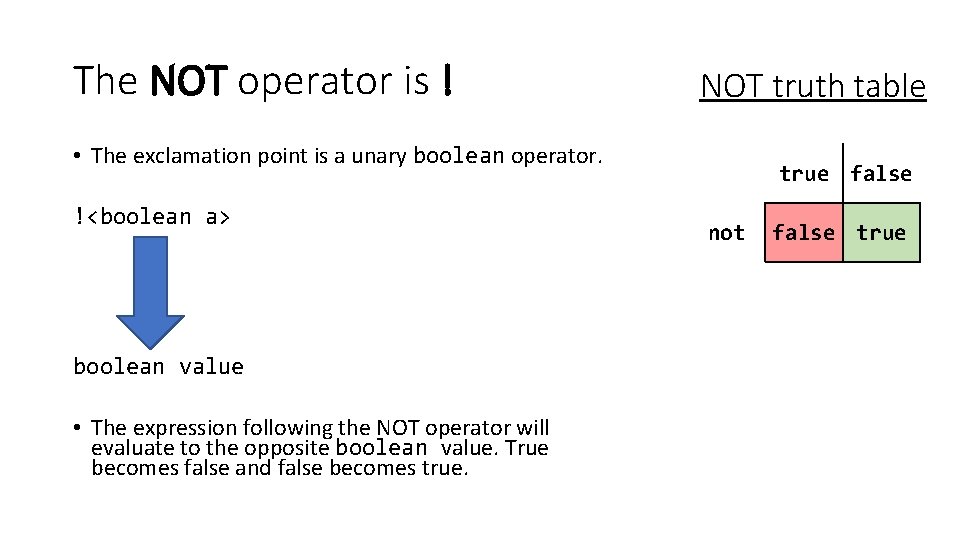 The NOT operator is ! NOT truth table • The exclamation point is a