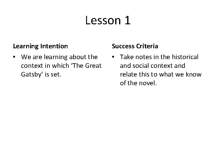 Lesson 1 Learning Intention Success Criteria • We are learning about the context in