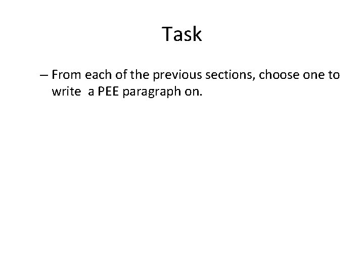 Task – From each of the previous sections, choose one to write a PEE