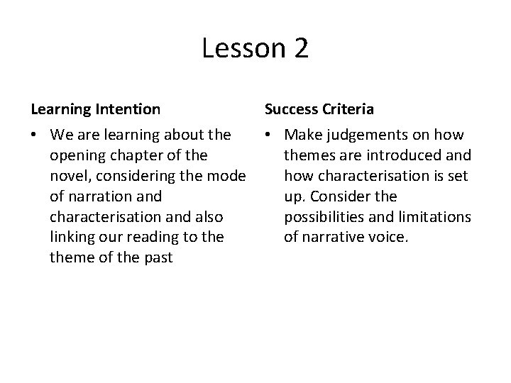 Lesson 2 Learning Intention Success Criteria • We are learning about the opening chapter