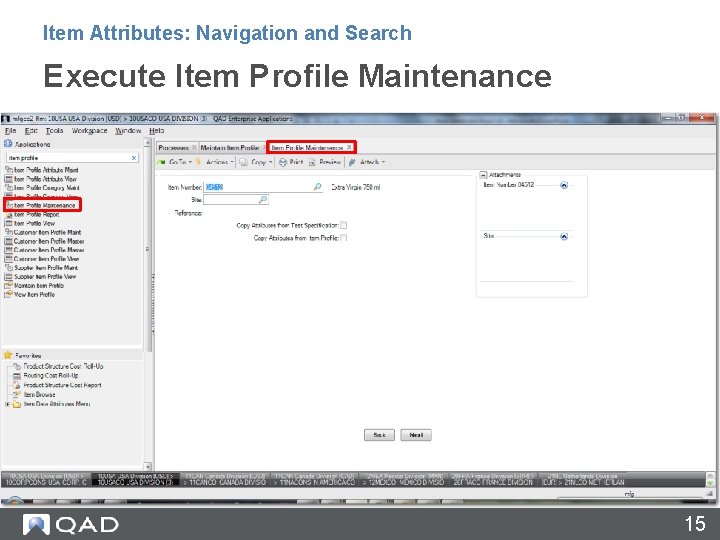 Item Attributes: Navigation and Search Execute Item Profile Maintenance 15 