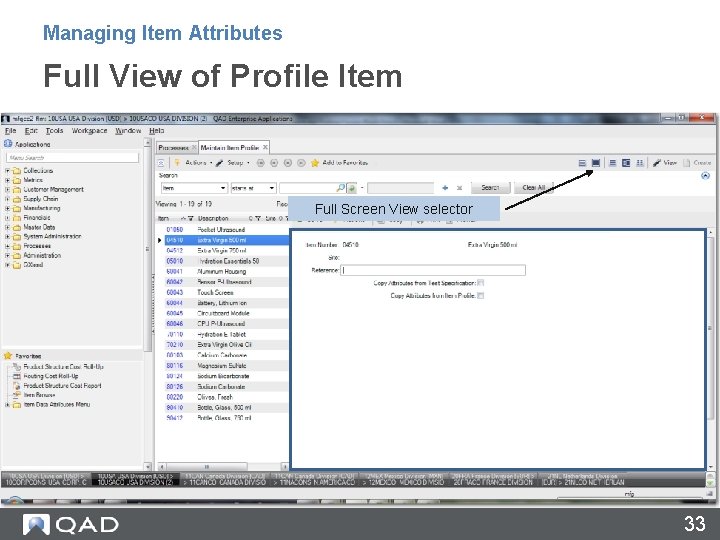 Managing Item Attributes Full View of Profile Item Full Screen View selector 33 