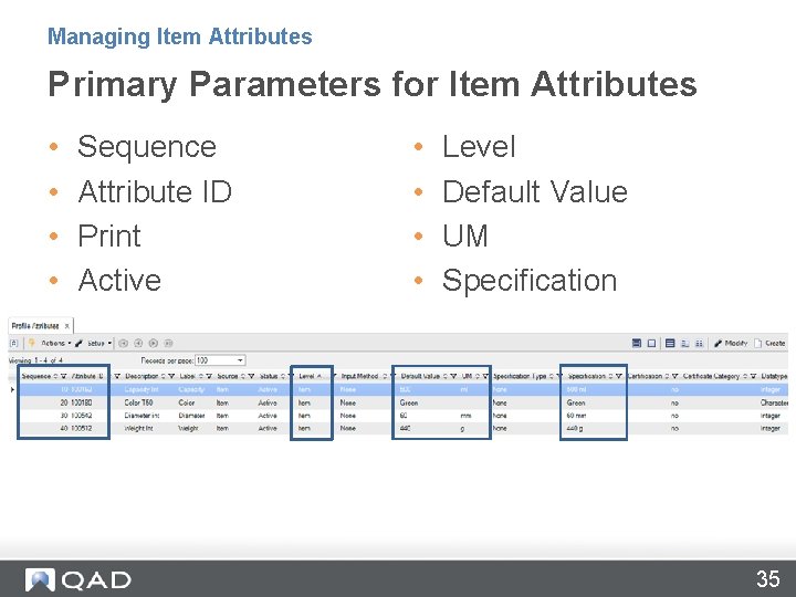 Managing Item Attributes Primary Parameters for Item Attributes • • Sequence Attribute ID Print